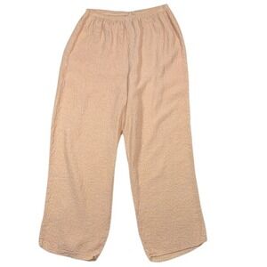 URU 100% Silk Wide Leg Pants Peach Crinkle Textured Elastic Waist Made in USA
